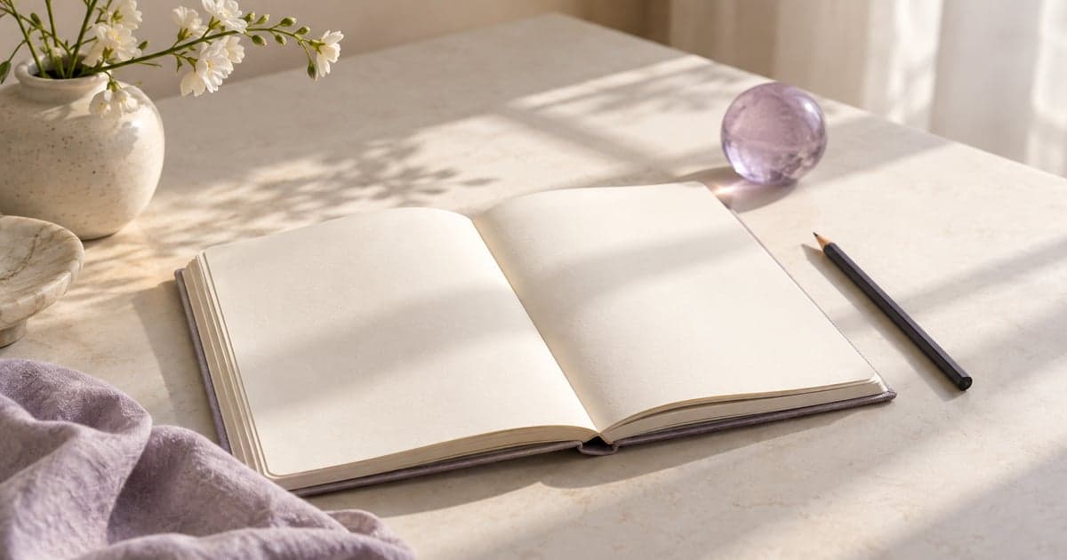 An open journal, pencil and lavender orb in soft morning light